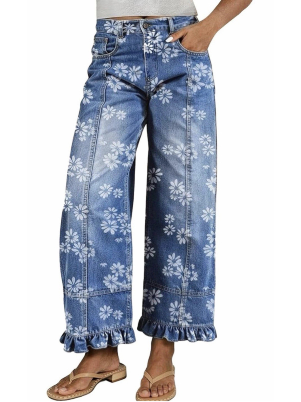 Flamingals Mid Waist Floral Wide Leg Crop Jeans L